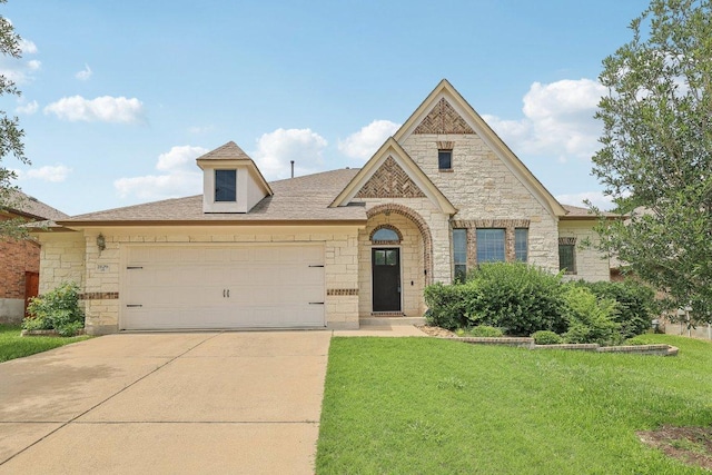 2629 Estefania Ln, Round Rock, TX 78665 - view of front of home with stone siding, a front yard, driveway, and an attached garage