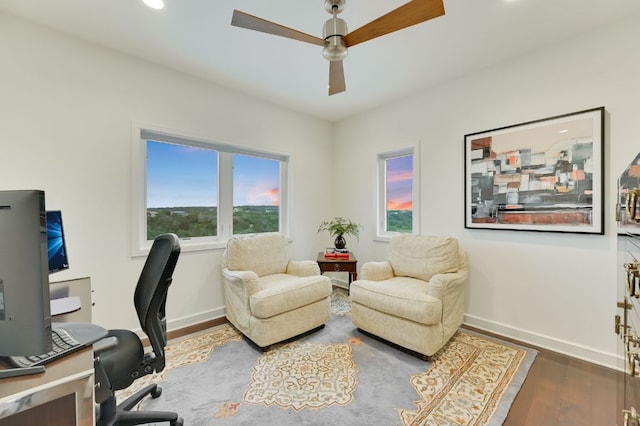 office featuring recessed lighting, baseboards, wood finished floors, and a ceiling fan