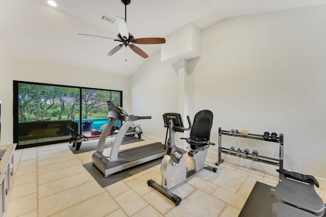 exercise room featuring visible vents, a ceiling fan, light tile patterned flooring, baseboards, and vaulted ceiling