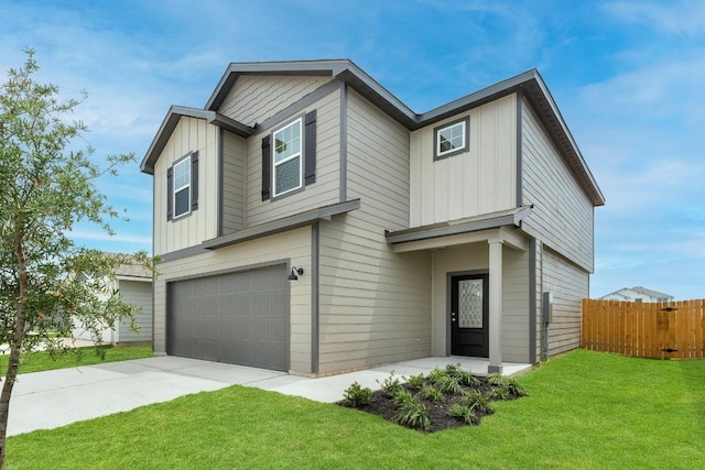 view of front of house featuring an attached garage, board and batten siding, fence, driveway, and a front lawn