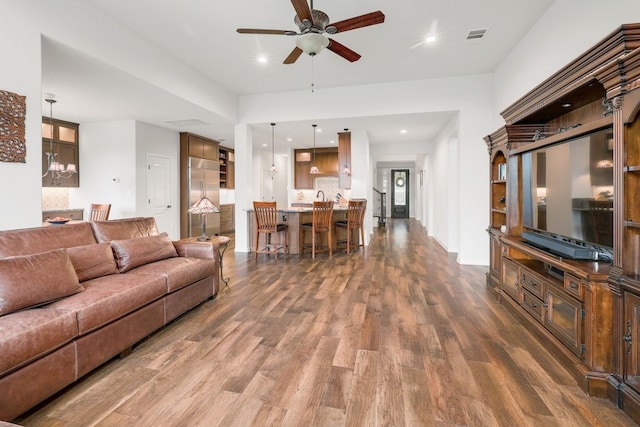 11708 Palisades Pkwy, Austin, TX 78732 - living area featuring a ceiling fan, dark wood-style floors, and recessed lighting