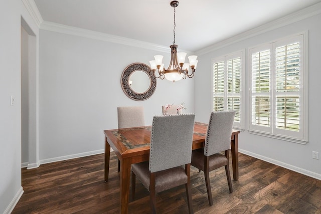 11708 Palisades Pkwy, Austin, TX 78732 - dining room with ornamental molding, dark wood-type flooring, baseboards, and a chandelier