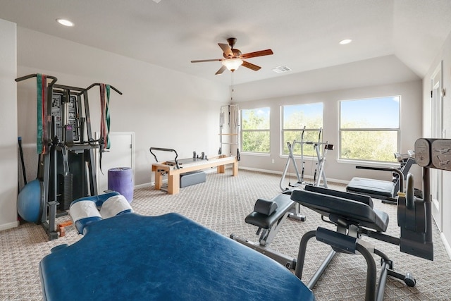 workout room with carpet, visible vents, baseboards, and recessed lighting