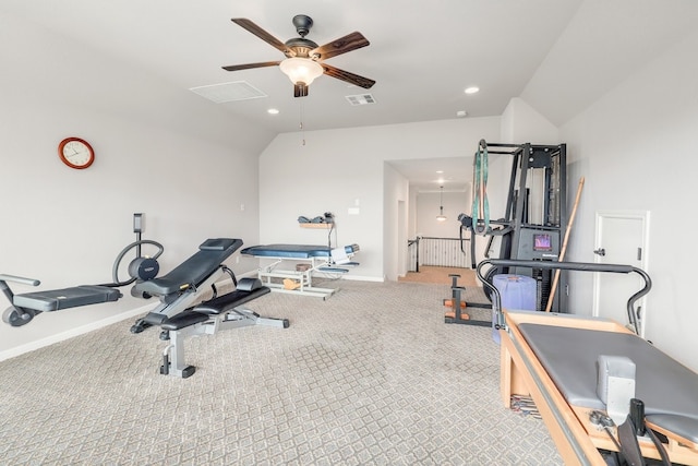 11708 Palisades Pkwy, Austin, TX 78732 - exercise area with ceiling fan, vaulted ceiling, carpet, baseboards, and recessed lighting