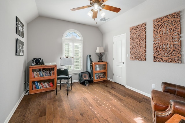 11708 Palisades Pkwy, Austin, TX 78732 - living area featuring ceiling fan, vaulted ceiling, wood finished floors, and baseboards
