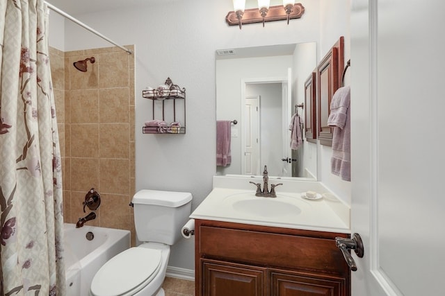 bathroom with toilet, vanity, visible vents, and shower / bathtub combination with curtain