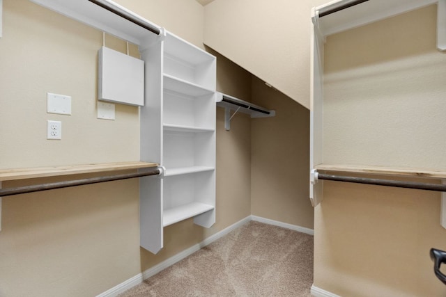 walk in closet featuring light colored carpet