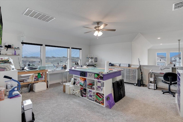 carpeted home office featuring recessed lighting, visible vents, and ceiling fan