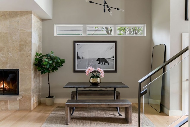 interior space featuring a fireplace, baseboards, and wood finished floors