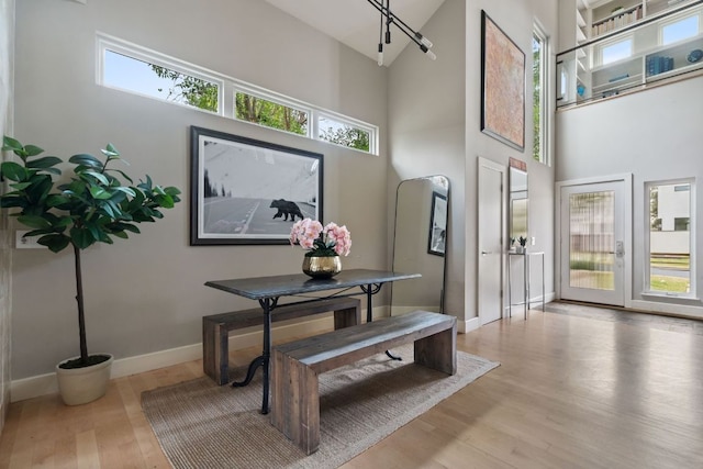 dining area with a towering ceiling, baseboards, and wood finished floors