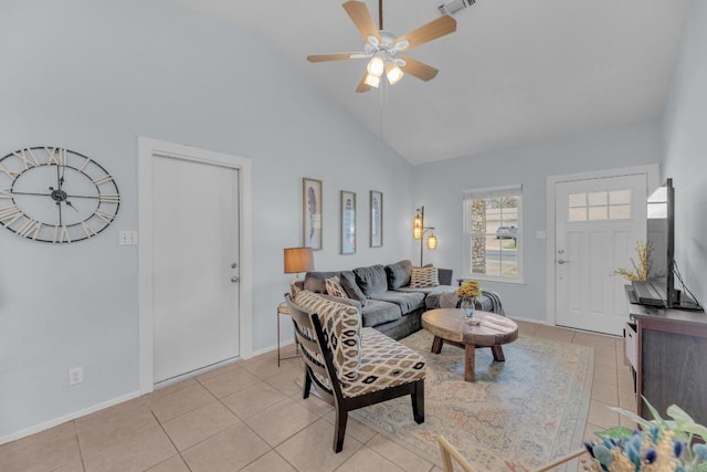 living area with lofted ceiling, light tile patterned flooring, visible vents, baseboards, and a ceiling fan