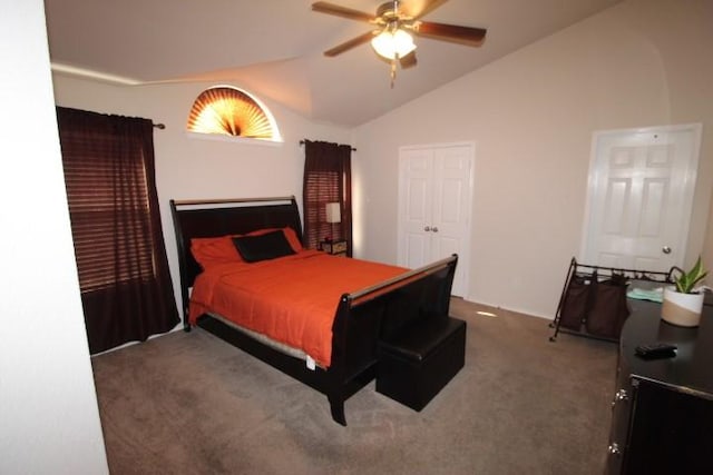 carpeted bedroom featuring vaulted ceiling and ceiling fan