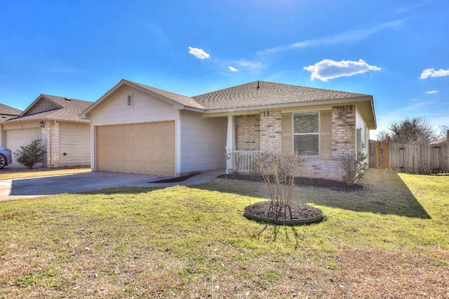 single story home with a garage, driveway, fence, and a front yard