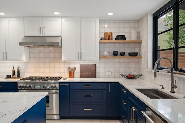 kitchen featuring under cabinet range hood, blue cabinetry, stainless steel appliances, and a sink