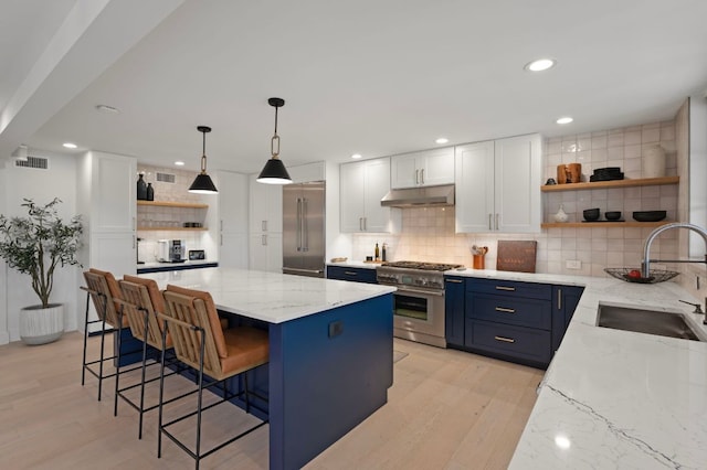 kitchen with open shelves, premium appliances, a sink, and under cabinet range hood