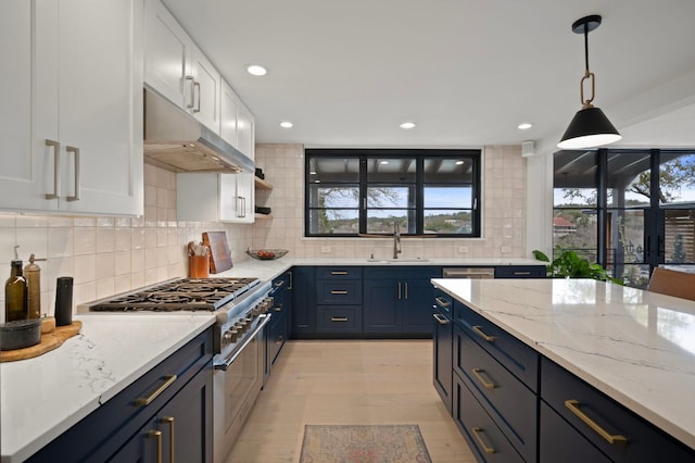 kitchen featuring decorative backsplash, white cabinets, high end stainless steel range oven, under cabinet range hood, and a sink