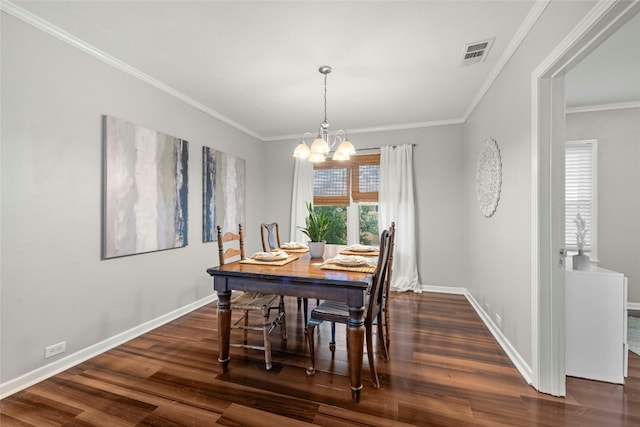 dining room featuring baseboards, visible vents, a chandelier, and dark wood-type flooring