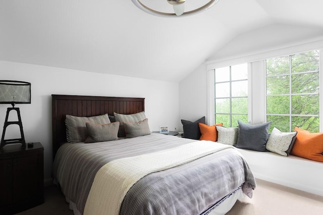 carpeted bedroom featuring lofted ceiling and multiple windows