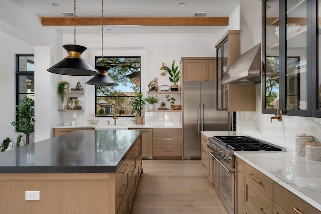 kitchen featuring visible vents, high quality appliances, beamed ceiling, and open shelves