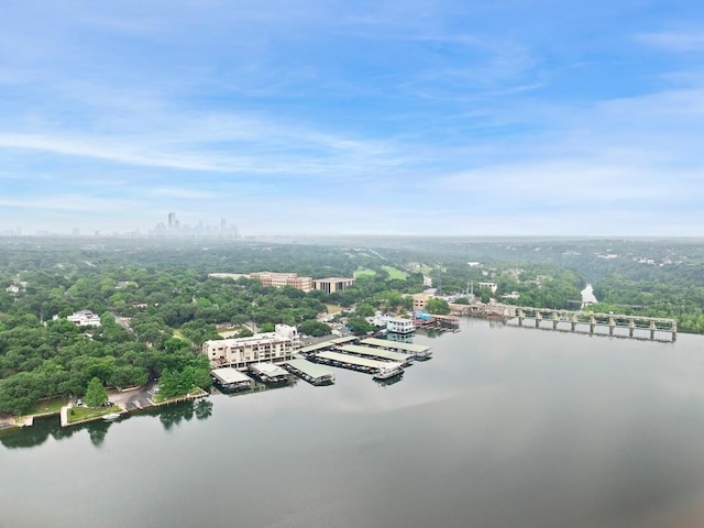 drone / aerial view featuring a water view