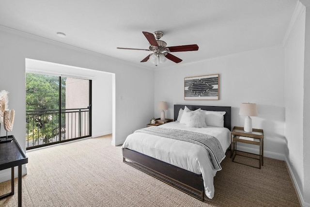 bedroom featuring access to exterior, crown molding, and baseboards