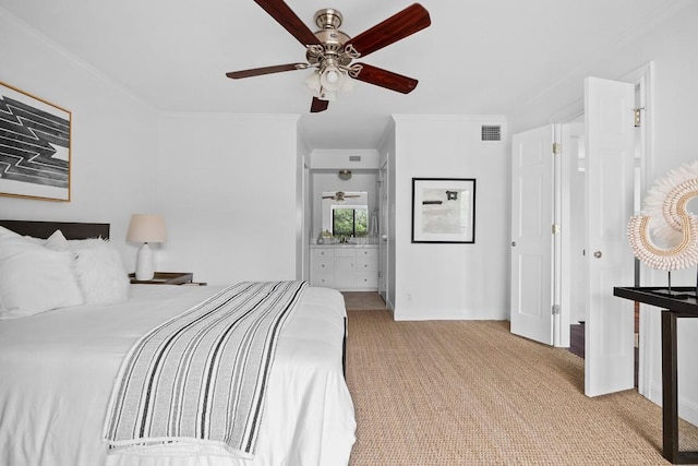 bedroom featuring crown molding, visible vents, ceiling fan, and carpet flooring