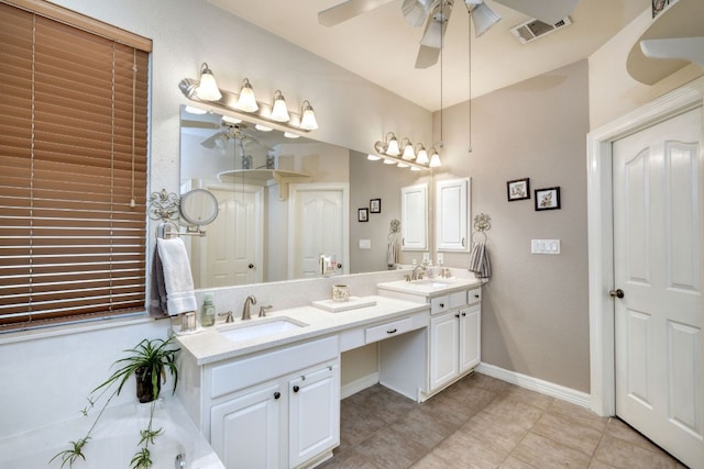 full bathroom with ceiling fan, tile patterned flooring, a sink, and visible vents