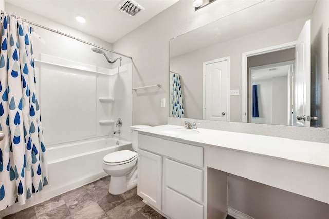 full bath featuring toilet, vanity, visible vents, and shower / tub combo with curtain