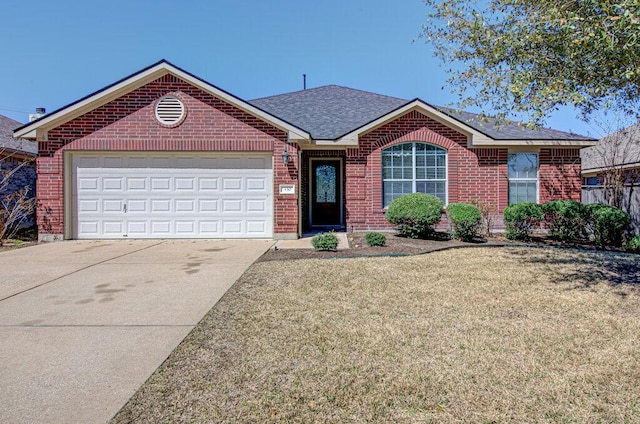 ranch-style house with driveway, a garage, roof with shingles, a front lawn, and brick siding