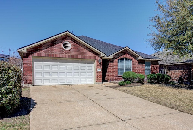 ranch-style house featuring a garage, concrete driveway, brick siding, and a shingled roof