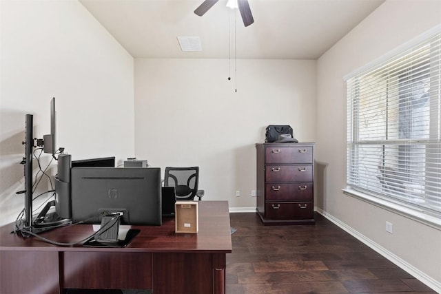 office area featuring dark wood-type flooring, visible vents, ceiling fan, and baseboards