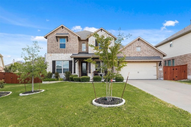 view of front facade with driveway, an attached garage, fence, a front lawn, and brick siding