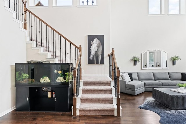 entryway featuring stairs, wood finished floors, a towering ceiling, and baseboards