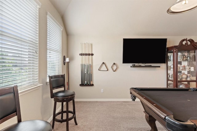 recreation room with lofted ceiling, carpet floors, and baseboards