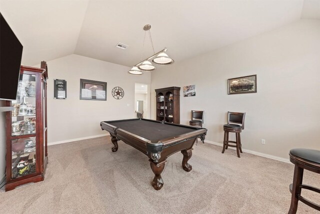 rec room with lofted ceiling, carpet floors, baseboards, and visible vents