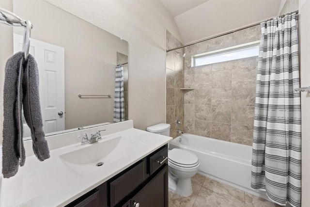 full bath featuring toilet, tile patterned flooring, shower / bath combo, and vanity