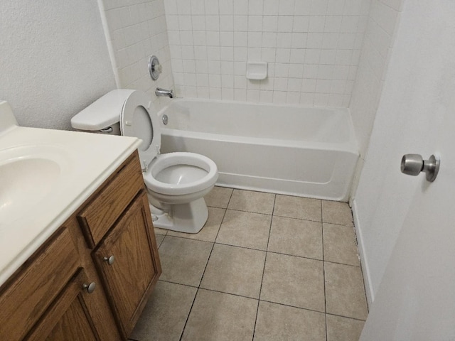 full bath with toilet, shower / tub combination, vanity, and tile patterned floors