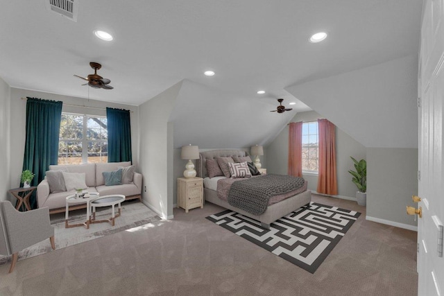 carpeted bedroom with lofted ceiling, recessed lighting, a ceiling fan, visible vents, and baseboards