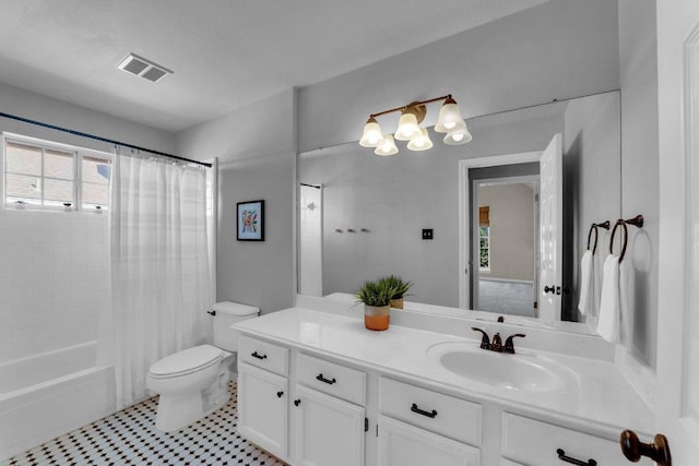 bathroom featuring toilet, shower / bathtub combination with curtain, visible vents, and vanity