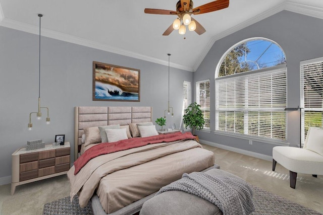 carpeted bedroom featuring baseboards, vaulted ceiling, and crown molding