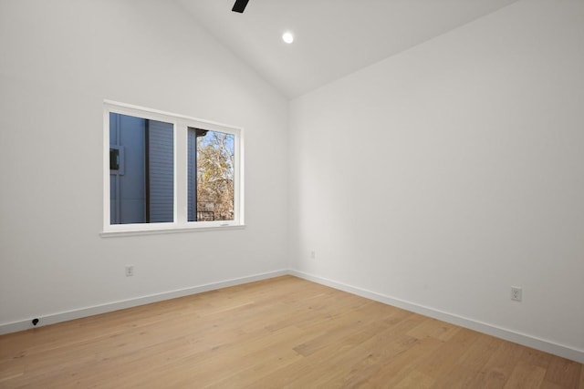 3402 Goodwin Ave Unit 1, Austin, TX 78702 - empty room featuring a ceiling fan, high vaulted ceiling, baseboards, light wood-style floors, and recessed lighting