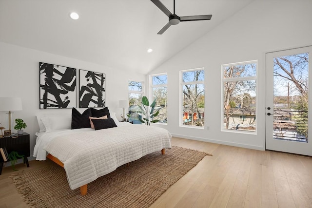 3402 Goodwin Ave Unit 1, Austin, TX 78702 - bedroom featuring access to outside, high vaulted ceiling, recessed lighting, light wood finished floors, and ceiling fan