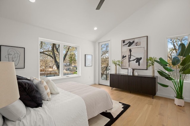 bedroom featuring access to exterior, recessed lighting, a ceiling fan, light wood-type flooring, and baseboards