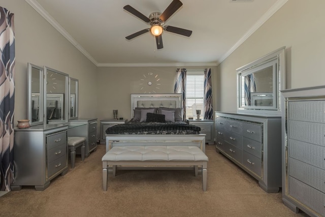 bedroom with ceiling fan, visible vents, ornamental molding, and light colored carpet