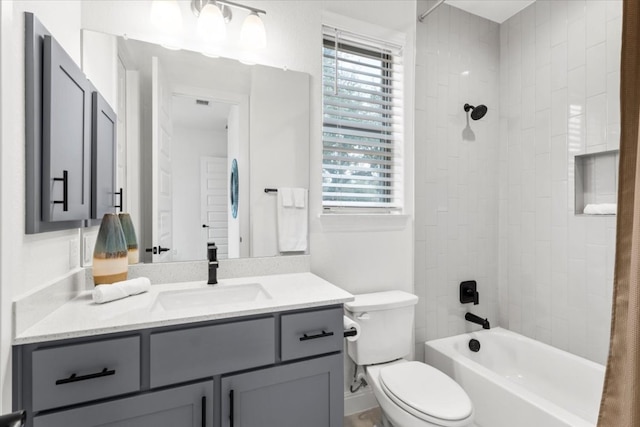 bathroom with toilet, shower / bath combination with curtain, vanity, and a wealth of natural light