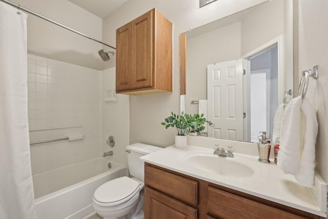 bathroom featuring toilet, shower / bath combination with curtain, and vanity