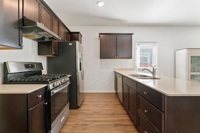 kitchen featuring dark brown cabinetry, a peninsula, stainless steel appliances, under cabinet range hood, and a sink