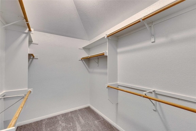 walk in closet with vaulted ceiling and carpet floors