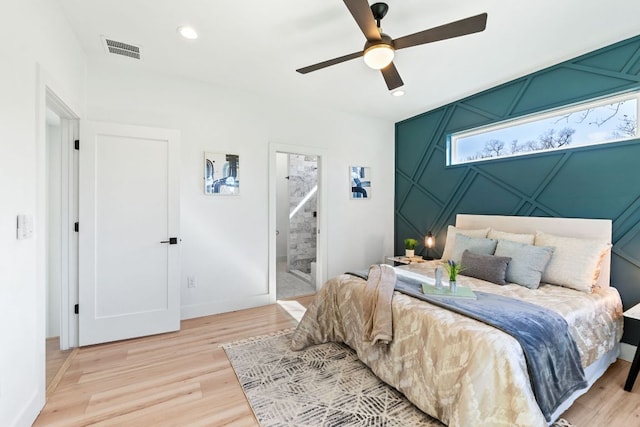 bedroom with baseboards, visible vents, a ceiling fan, wood finished floors, and recessed lighting