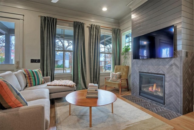 living area featuring crown molding, a healthy amount of sunlight, a fireplace, and wood finished floors